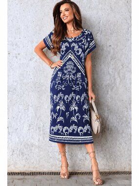 Chico's Brand Midi Dress. Navy Blue and White Floral Scroll Print. Size 0. GUC